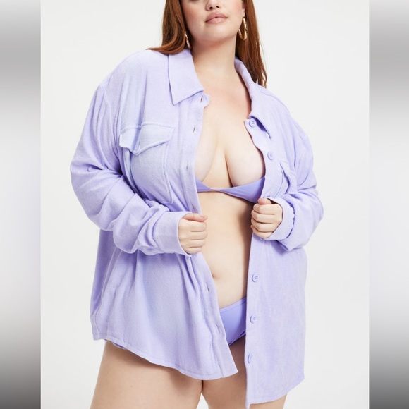 GOOD AMERICAN Oversized Shacket Terry Lavender Purple Big Button Collar OSFM - Picture 6 of 11
